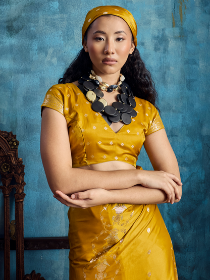 British Yellow Banarasi Satin Silk Handloom Saree