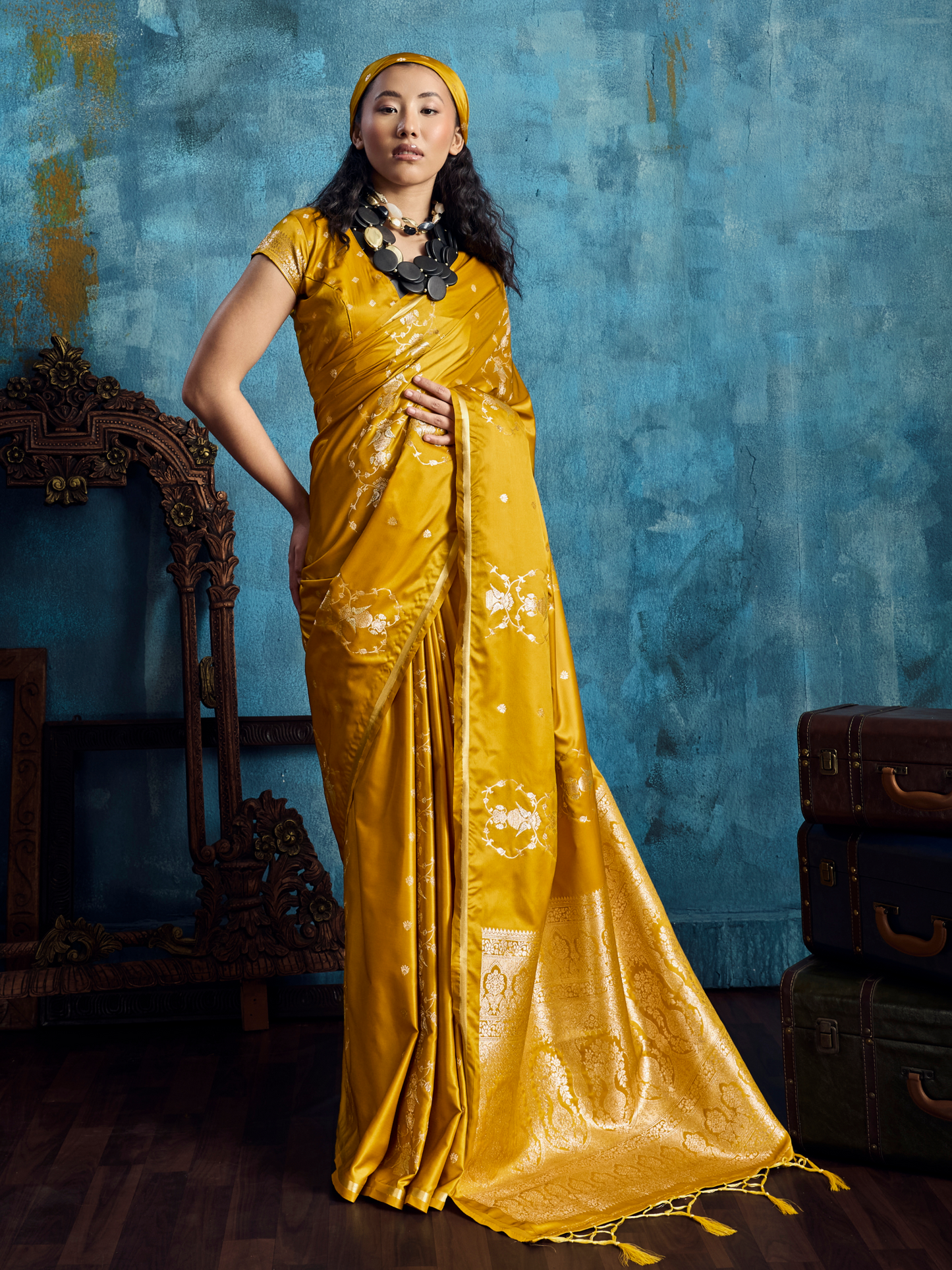 British Yellow Banarasi Satin Silk Handloom Saree