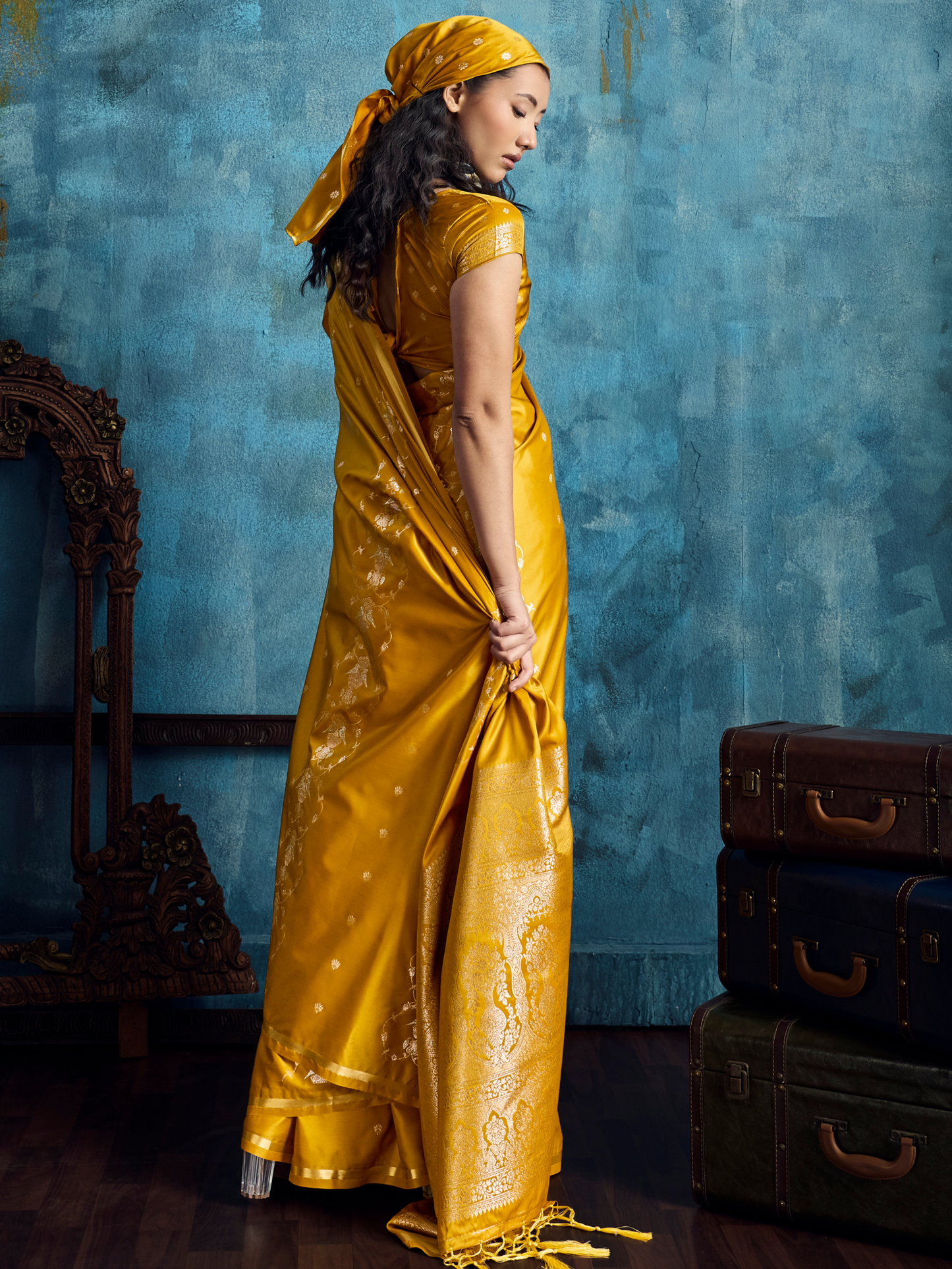 British Yellow Banarasi Satin Silk Handloom Saree