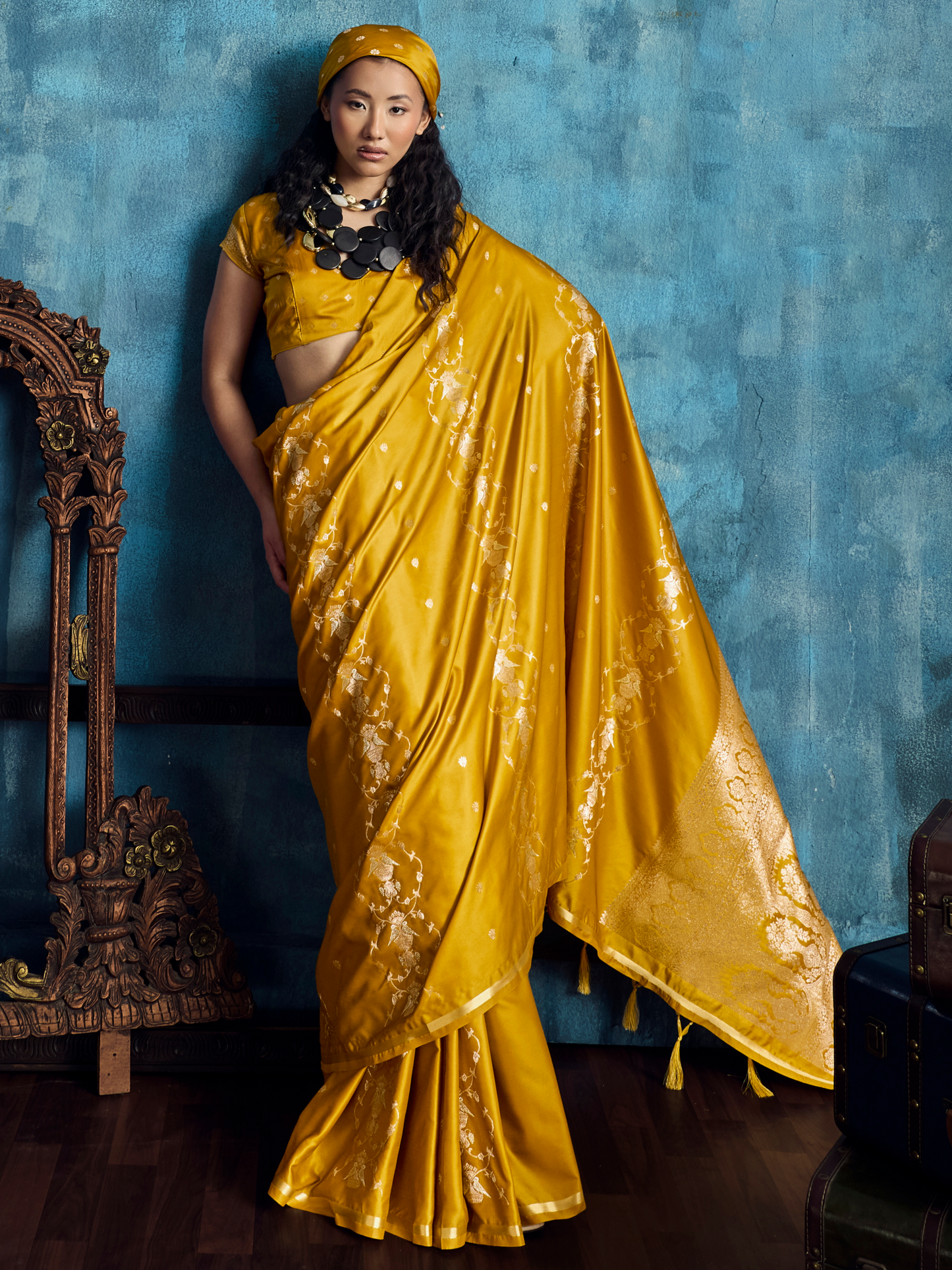 British Yellow Banarasi Satin Silk Handloom Saree