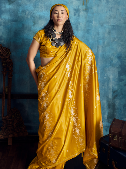 British Yellow Banarasi Satin Silk Handloom Saree