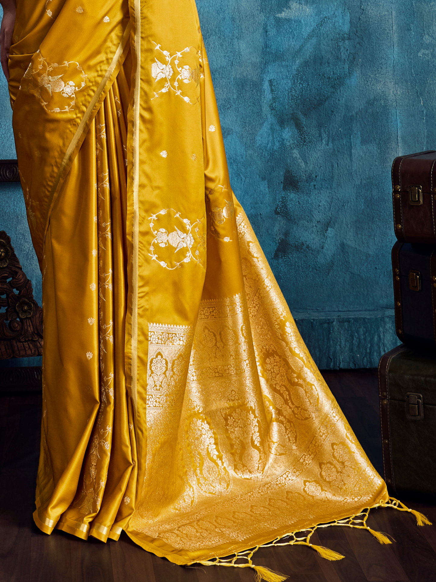 British Yellow Banarasi Satin Silk Handloom Saree