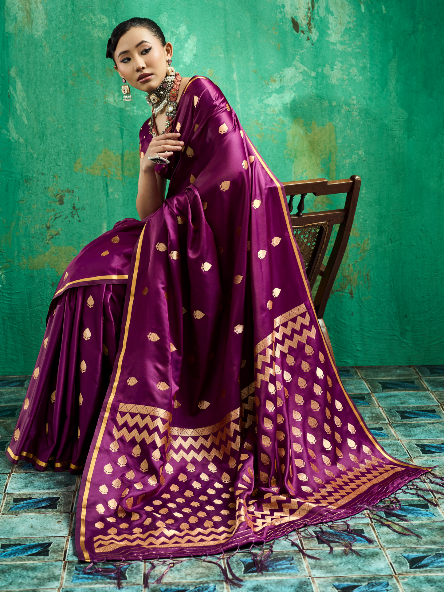 Plum Magenta Woven Banarasi Satin Silk Saree