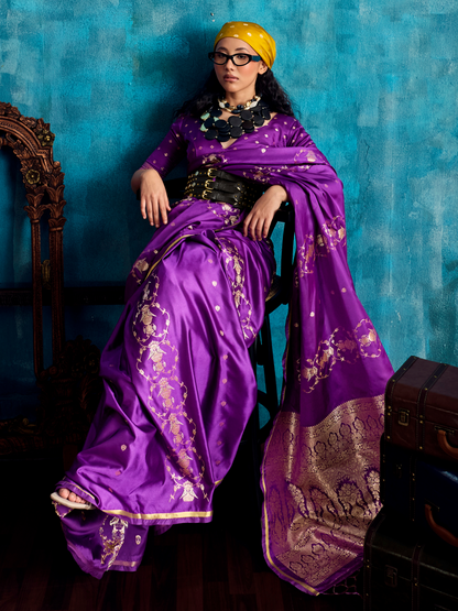 Iris Purple Banarasi Satin Silk Handloom Saree