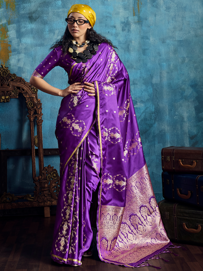 Iris Purple Banarasi Satin Silk Handloom Saree