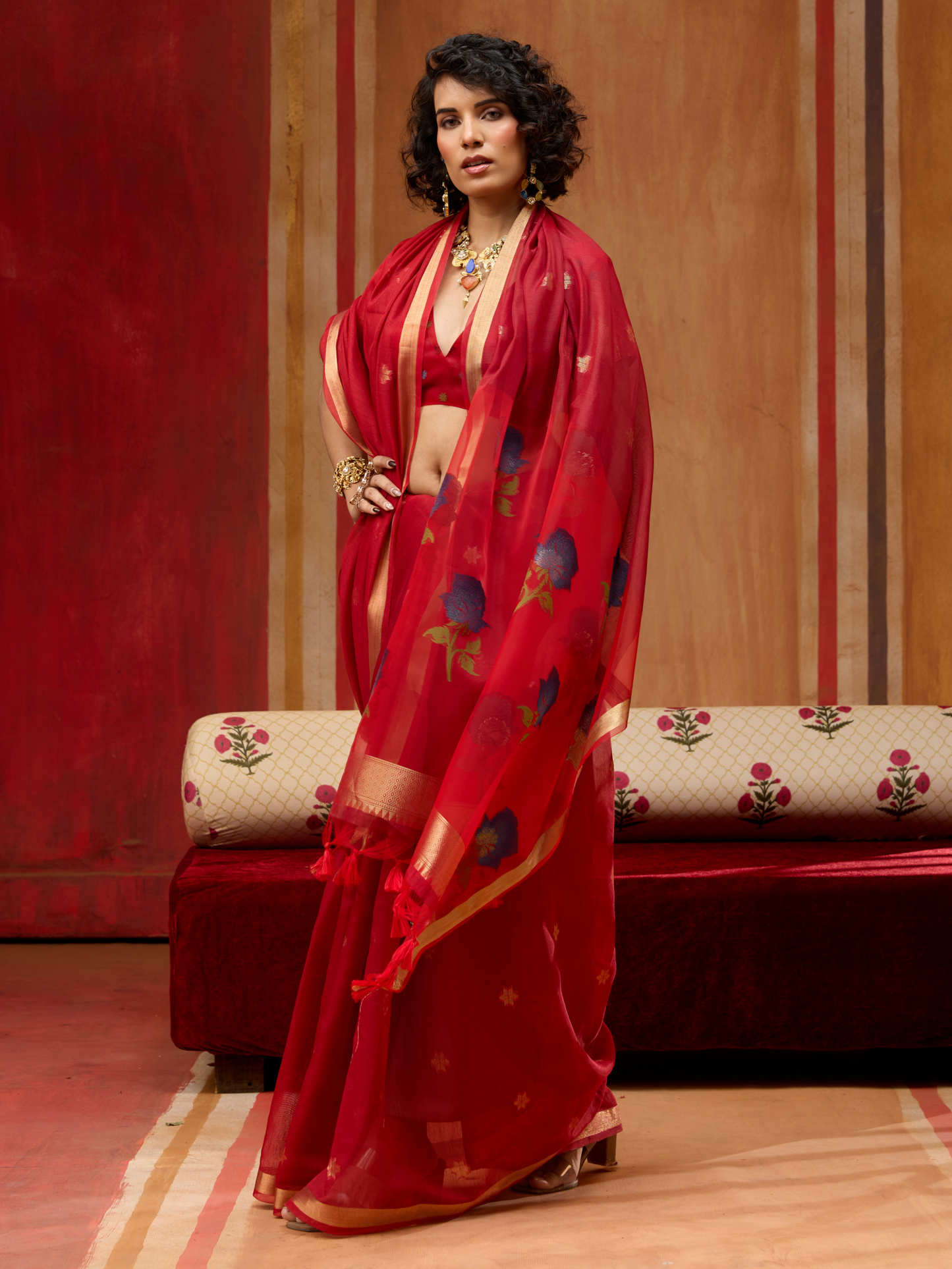 Rose Red Spun Cotton Weaving Saree