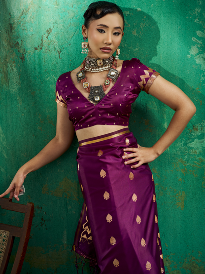 Plum Magenta Woven Banarasi Satin Silk Saree