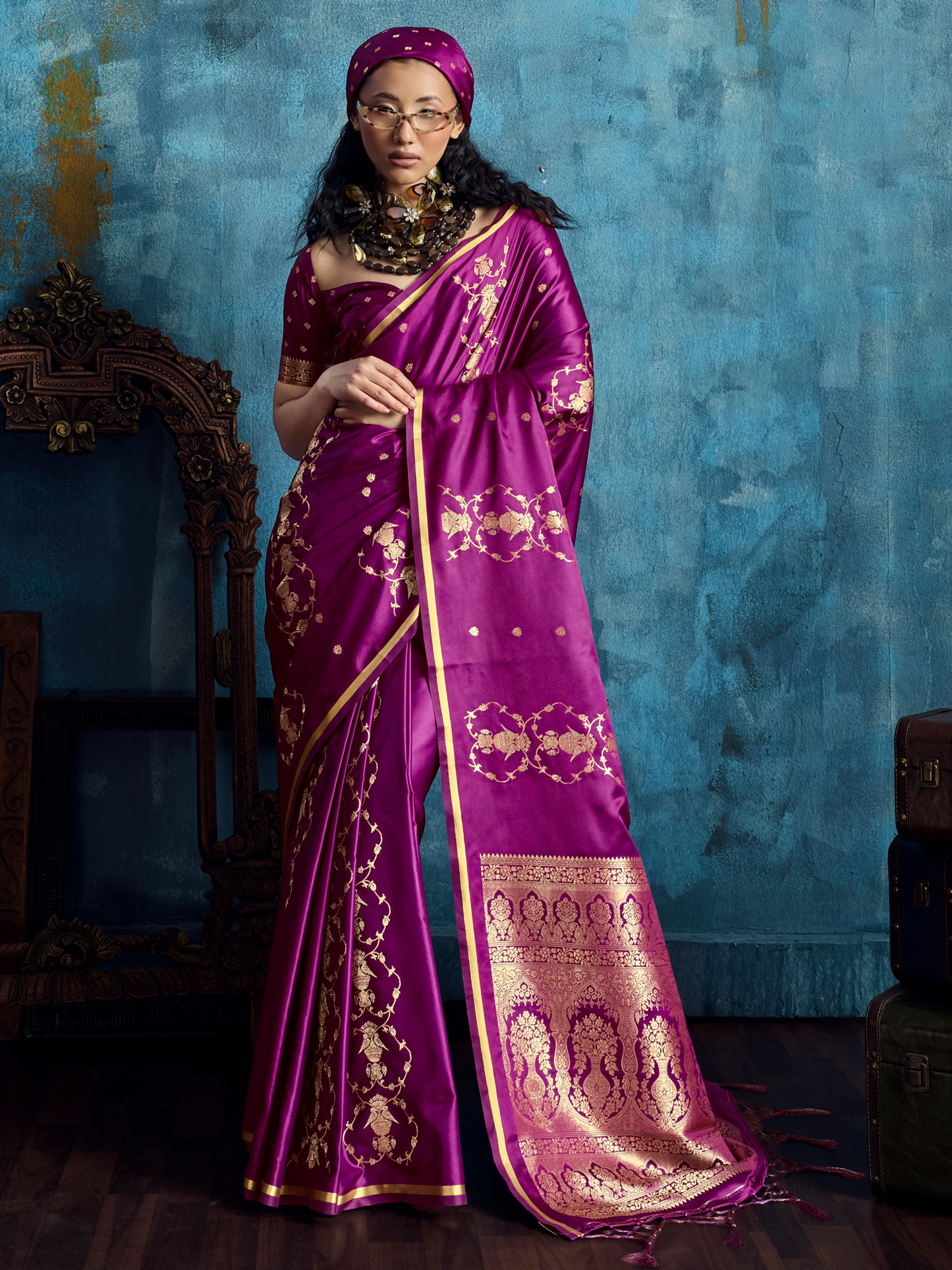 Grape Purple Banarasi Satin Silk Handloom Saree