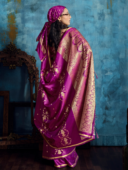 Grape Purple Banarasi Satin Silk Handloom Saree