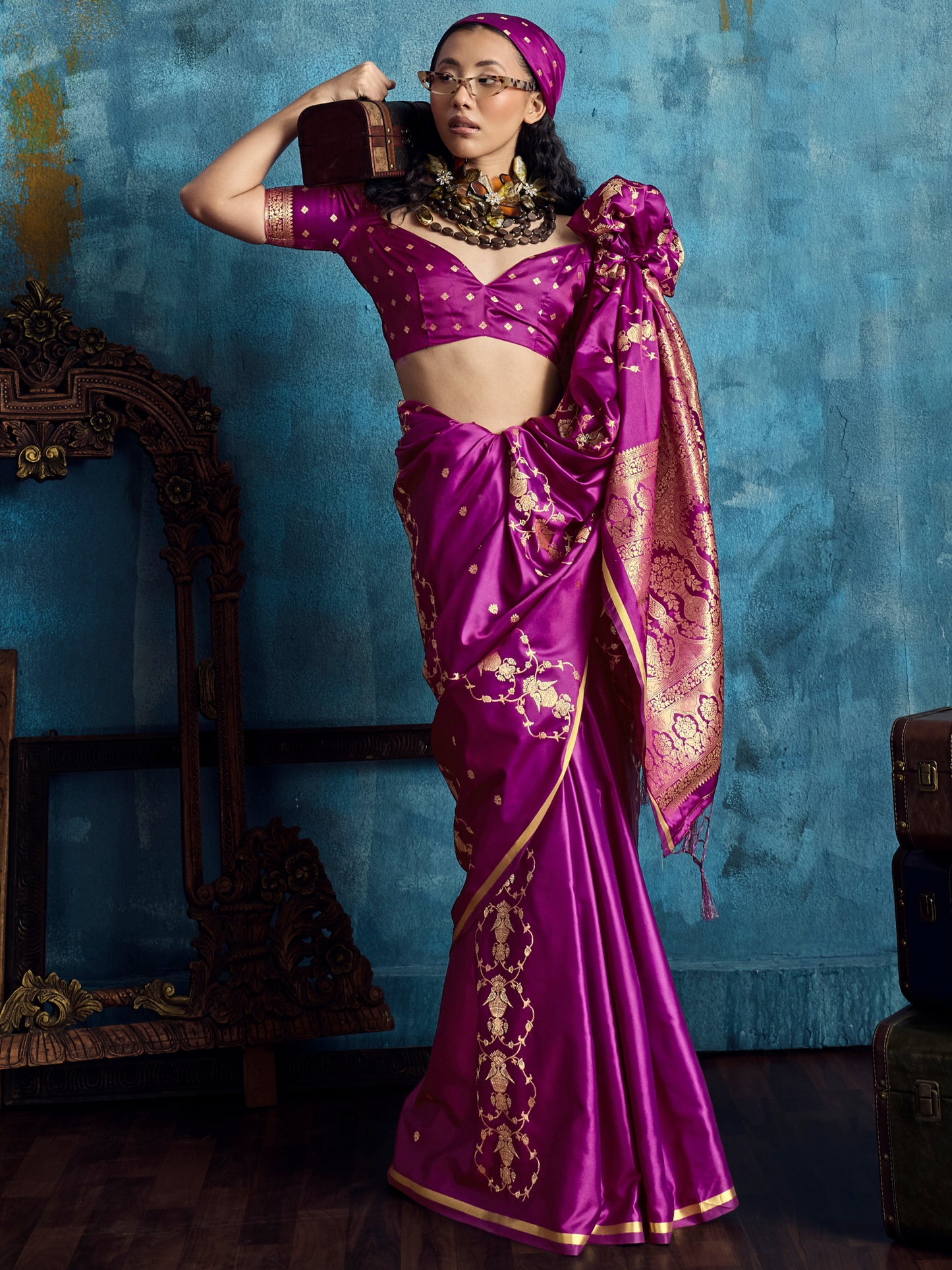 Grape Purple Banarasi Satin Silk Handloom Saree