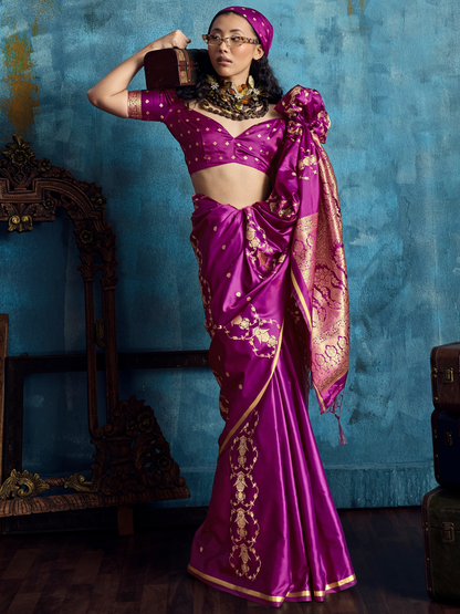 Grape Purple Banarasi Satin Silk Handloom Saree