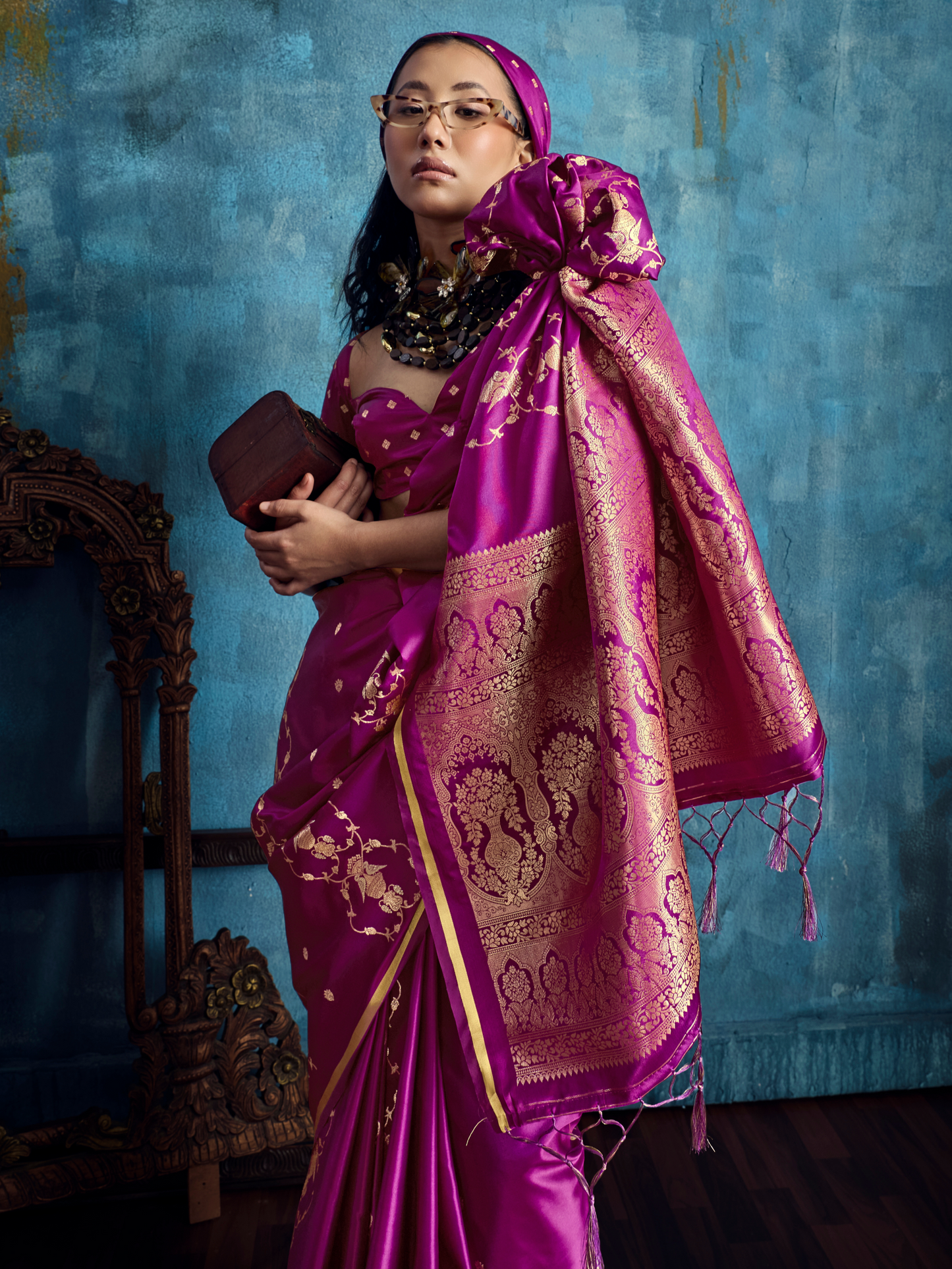 Grape Purple Banarasi Satin Silk Handloom Saree