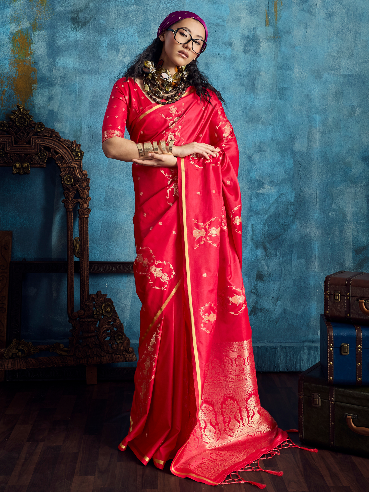 Scarlet Red Banarasi Satin Silk Handloom Saree