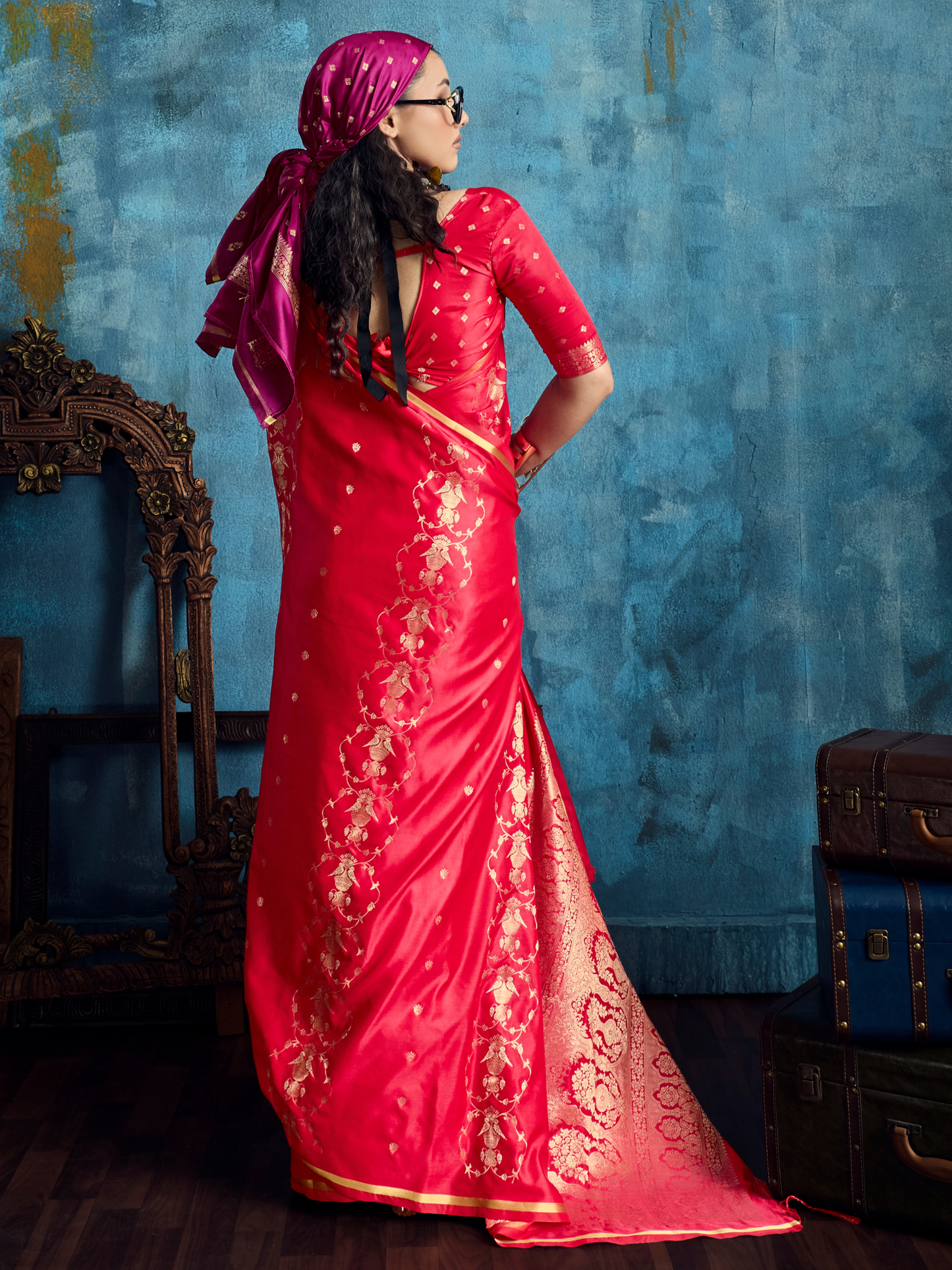 Scarlet Red Banarasi Satin Silk Handloom Saree