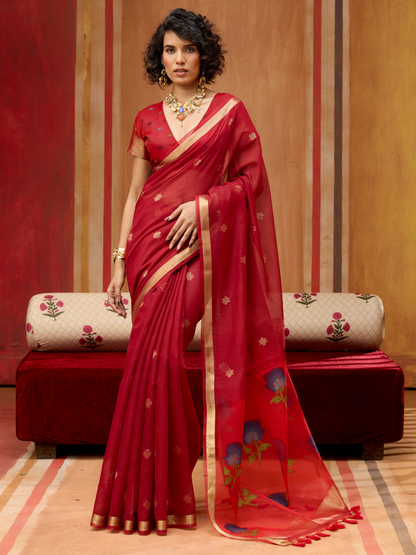 Rose Red Spun Cotton Weaving Saree