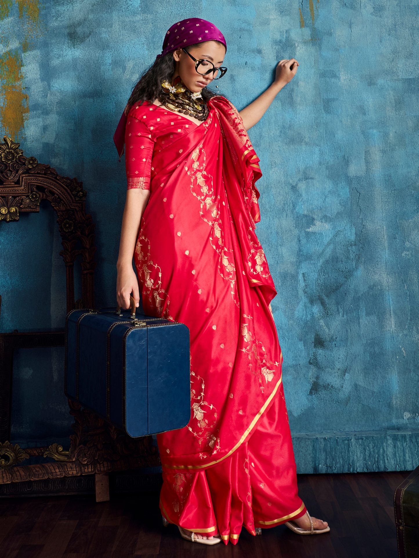 Scarlet Red Banarasi Satin Silk Handloom Saree