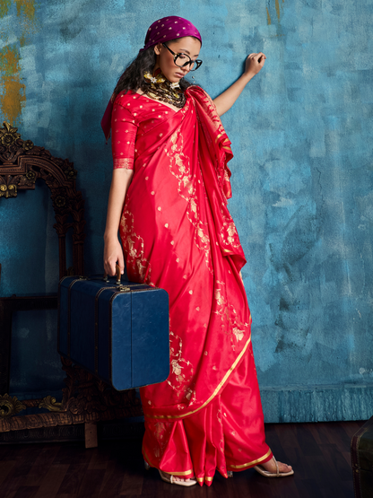 Scarlet Red Banarasi Satin Silk Handloom Saree
