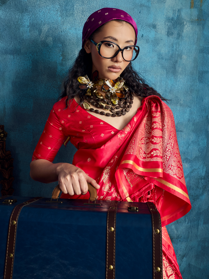 Scarlet Red Banarasi Satin Silk Handloom Saree