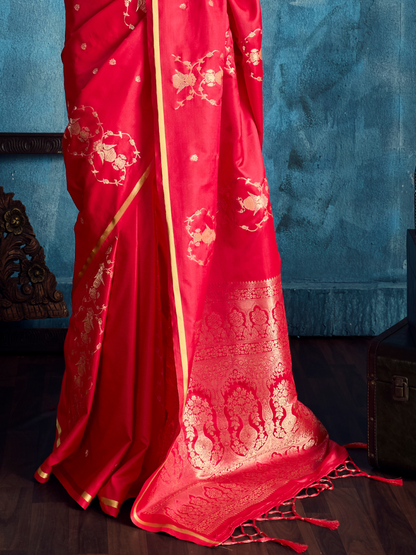 Scarlet Red Banarasi Satin Silk Handloom Saree