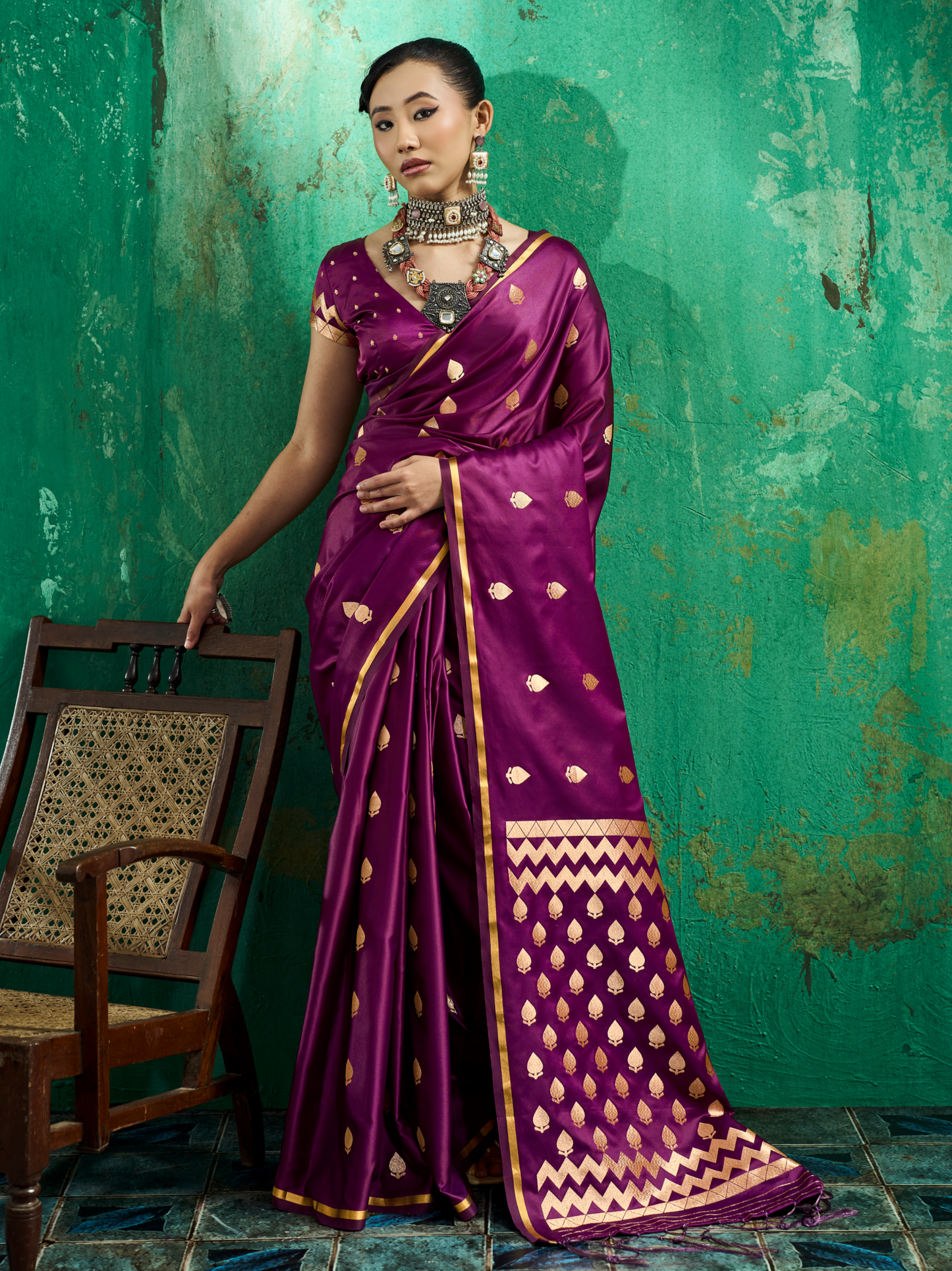 Plum Magenta Woven Banarasi Satin Silk Saree