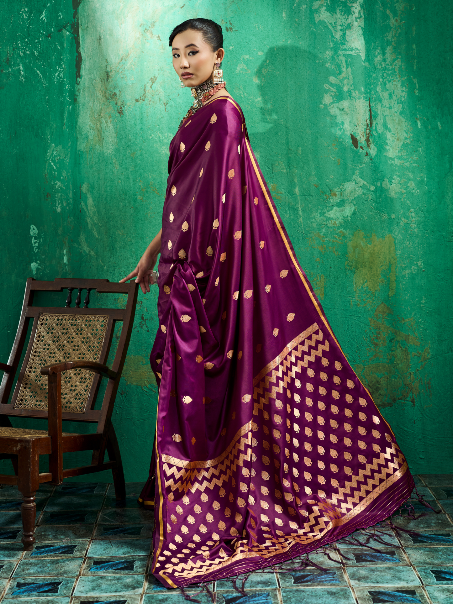 Plum Magenta Woven Banarasi Satin Silk Saree