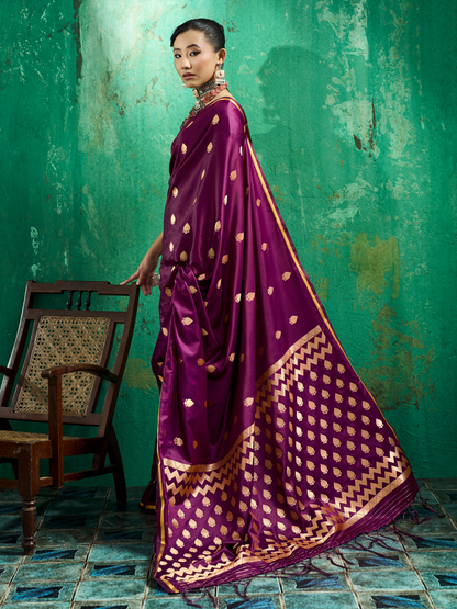 Plum Magenta Woven Banarasi Satin Silk Saree