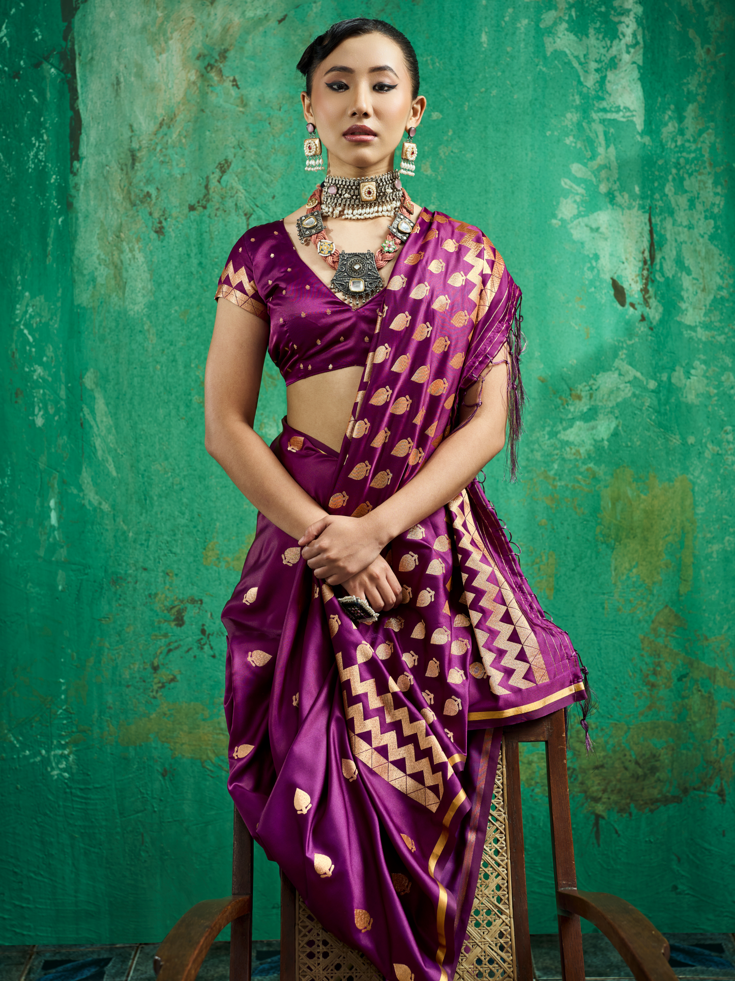 Plum Magenta Woven Banarasi Satin Silk Saree
