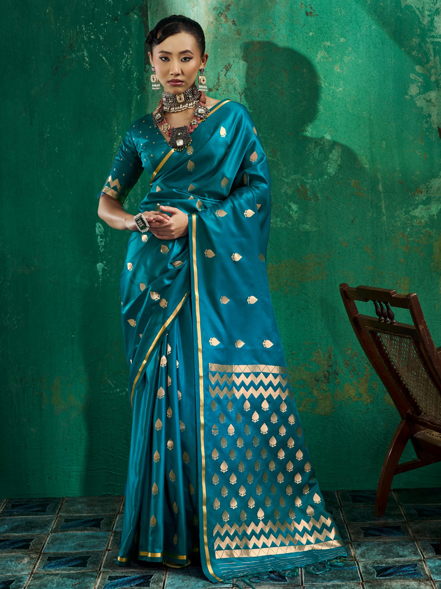 Teal Blue Woven Banarasi Satin Silk Saree