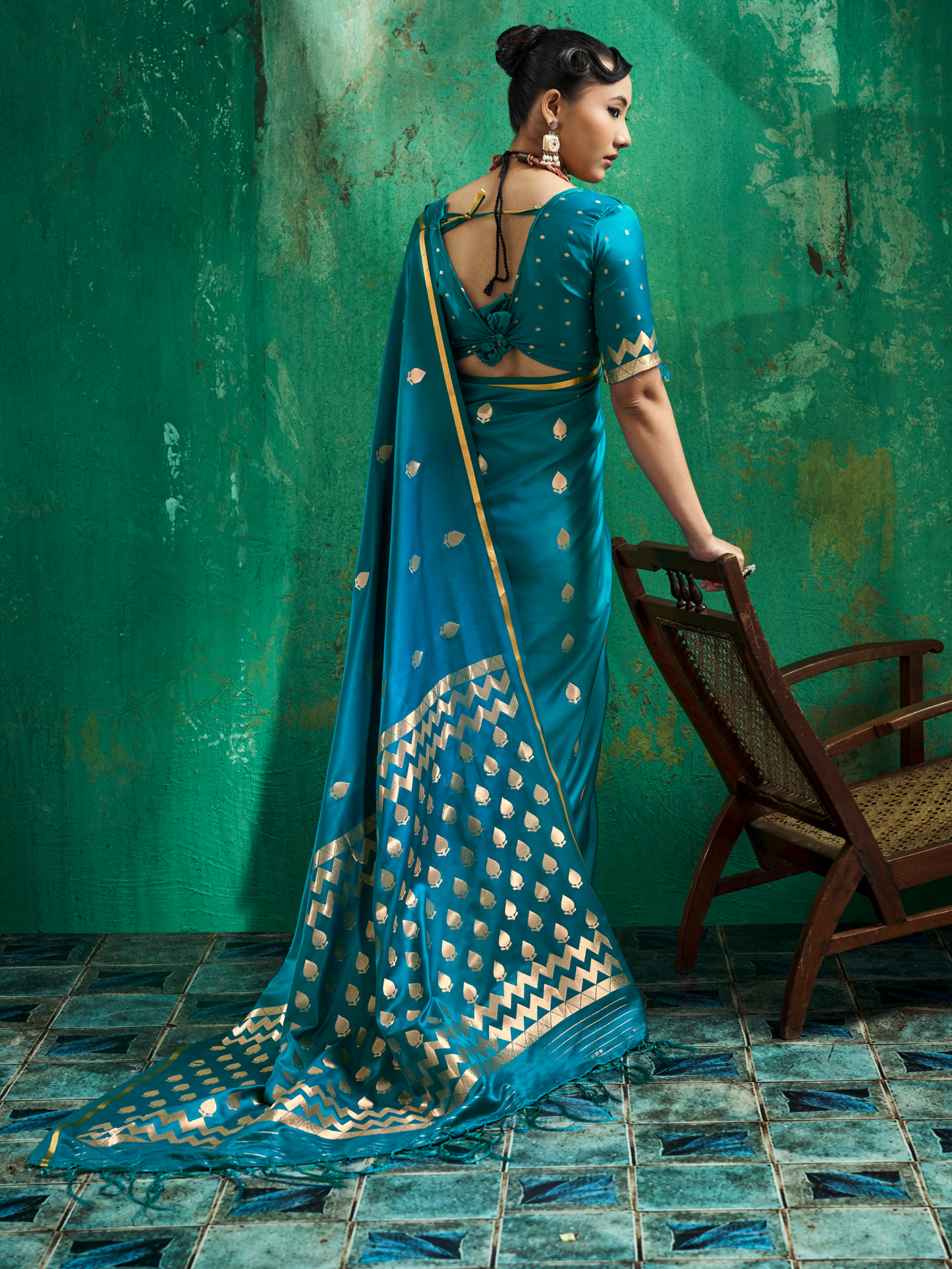 Teal Blue Woven Banarasi Satin Silk Saree