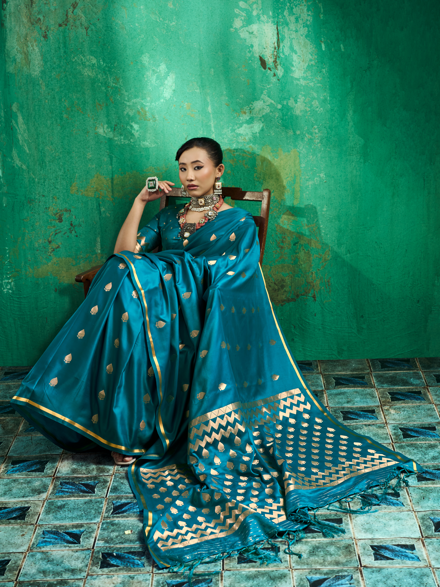 Teal Blue Woven Banarasi Satin Silk Saree