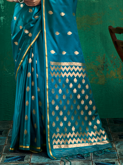 Teal Blue Woven Banarasi Satin Silk Saree