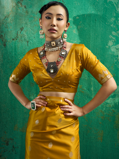 Ochre Yellow Woven Banarasi Satin Silk Saree