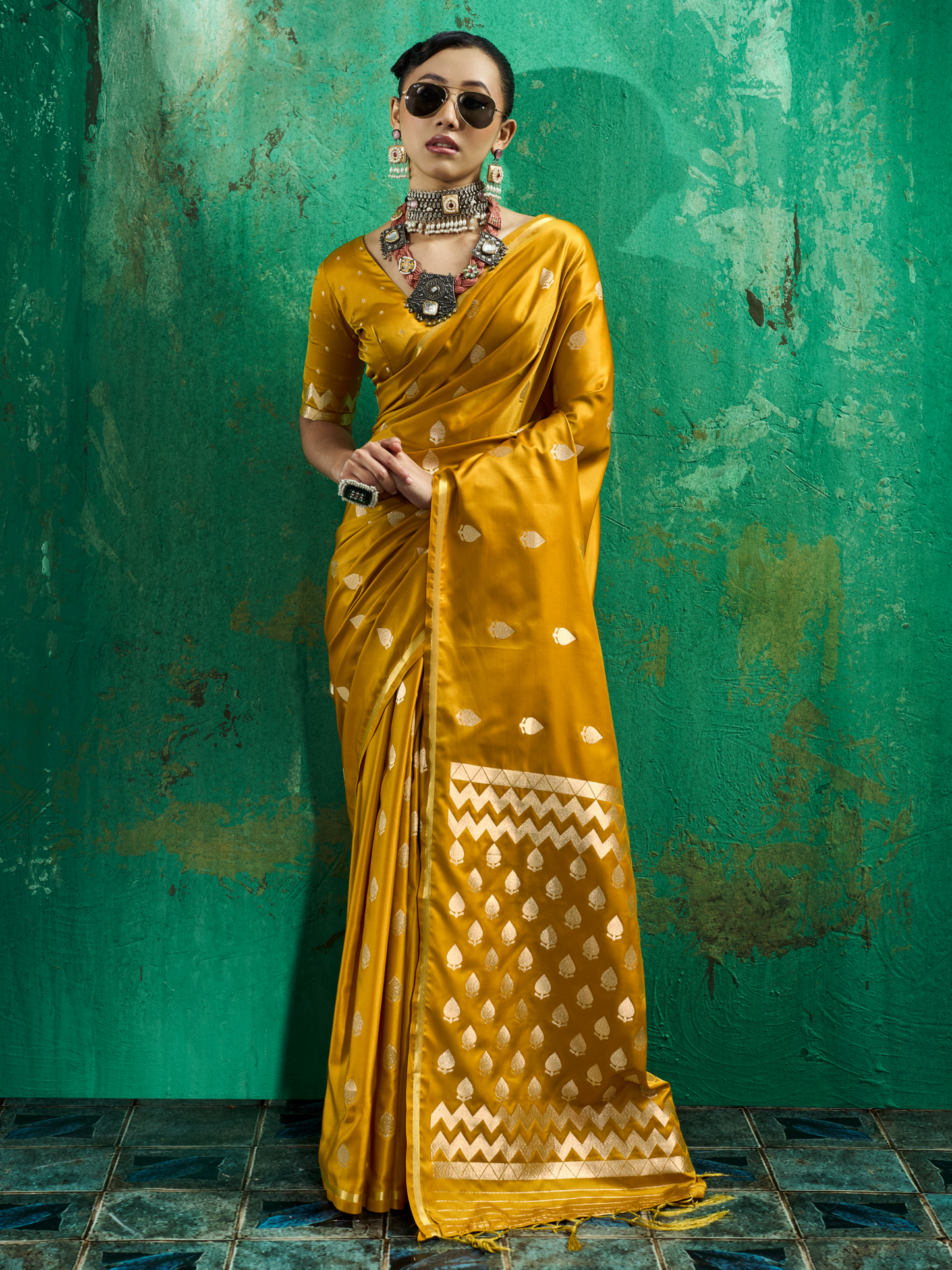 Ochre Yellow Woven Banarasi Satin Silk Saree