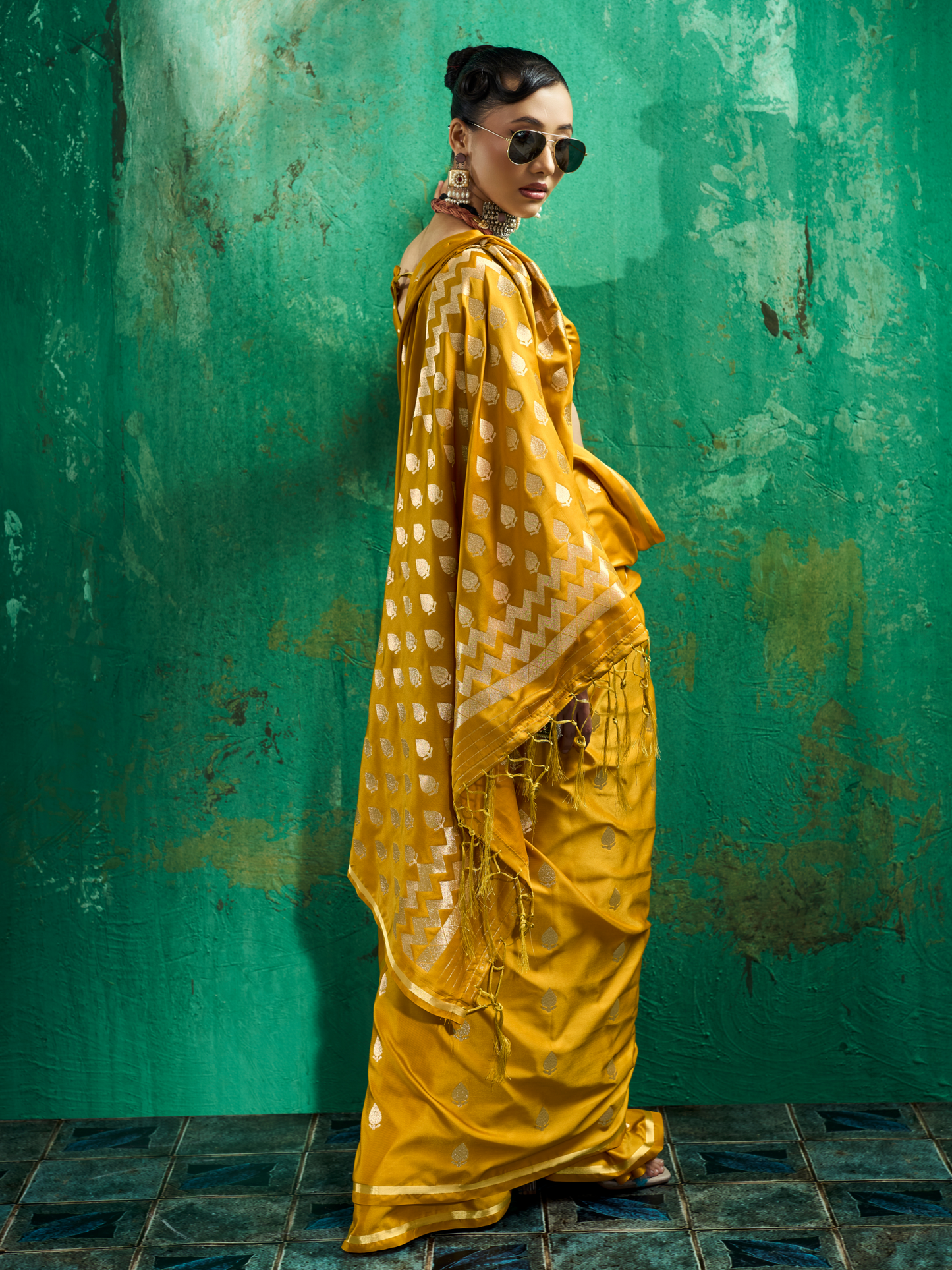 Ochre Yellow Woven Banarasi Satin Silk Saree
