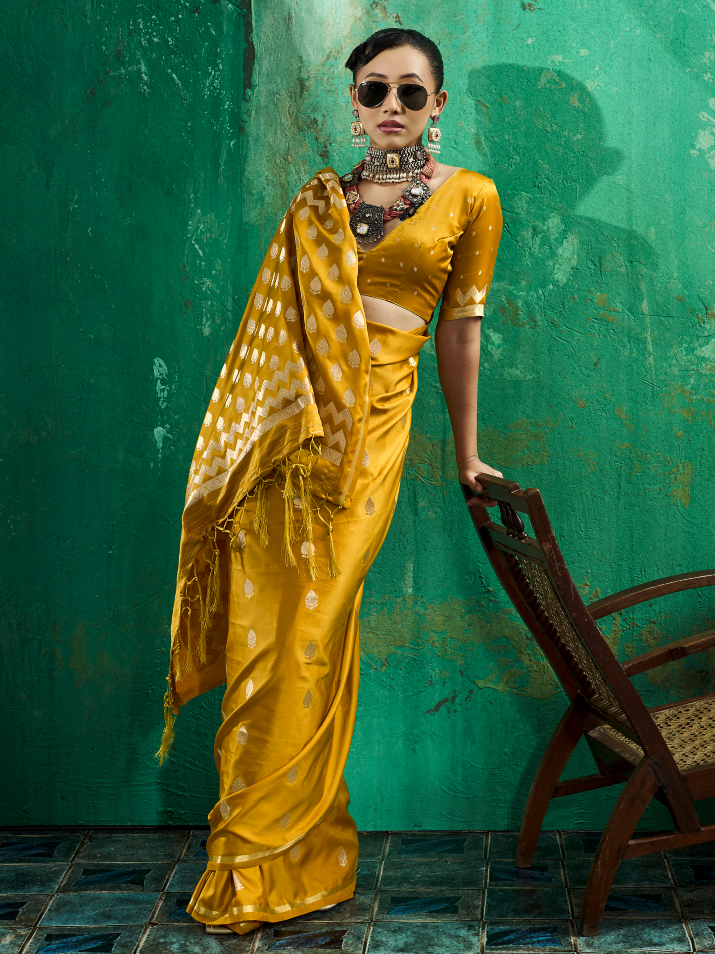 Ochre Yellow Woven Banarasi Satin Silk Saree