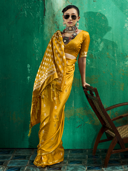 Ochre Yellow Woven Banarasi Satin Silk Saree