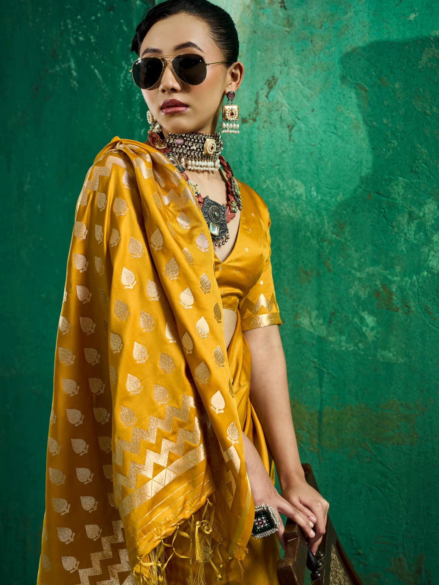 Ochre Yellow Woven Banarasi Satin Silk Saree