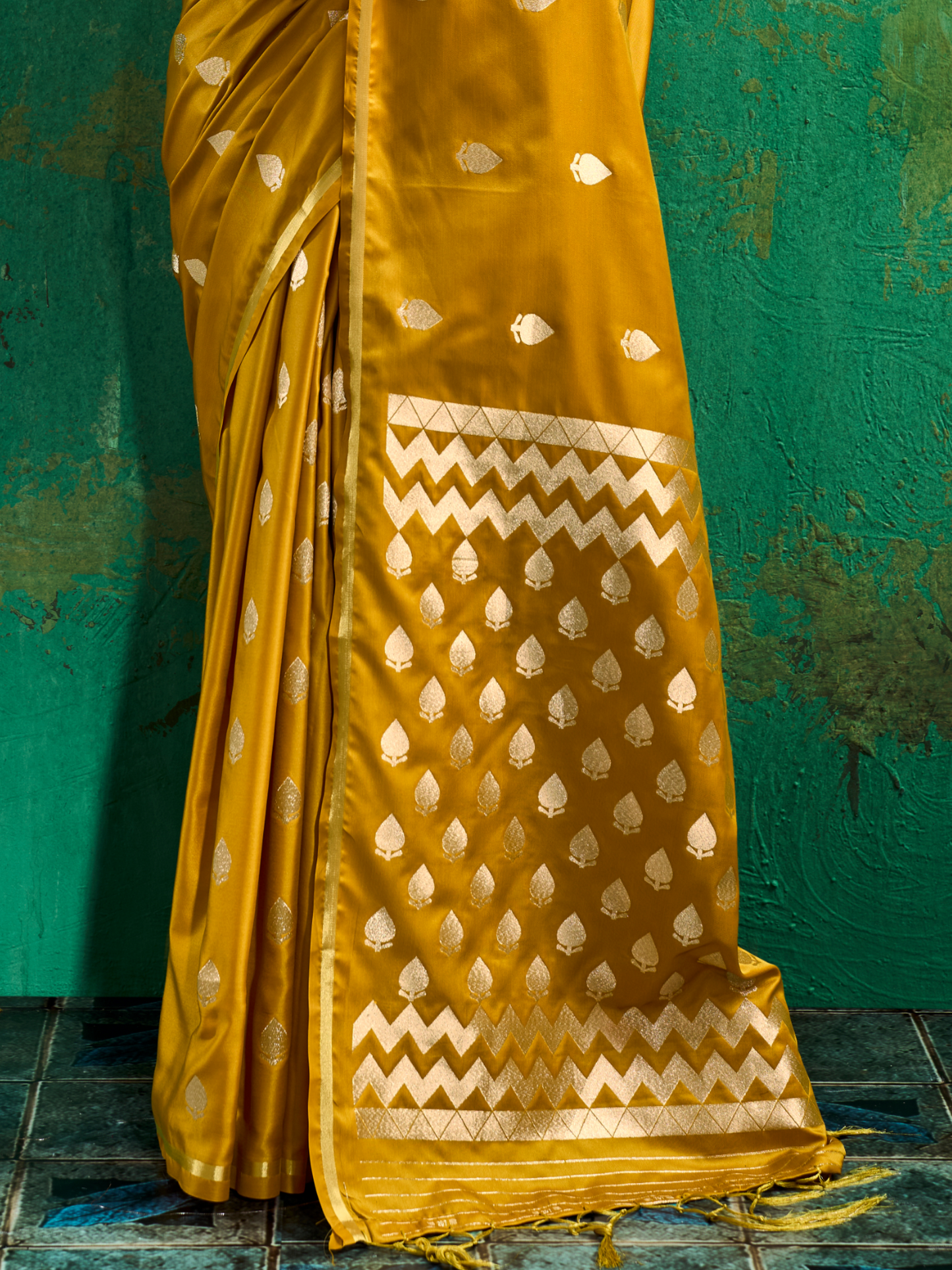 Ochre Yellow Woven Banarasi Satin Silk Saree