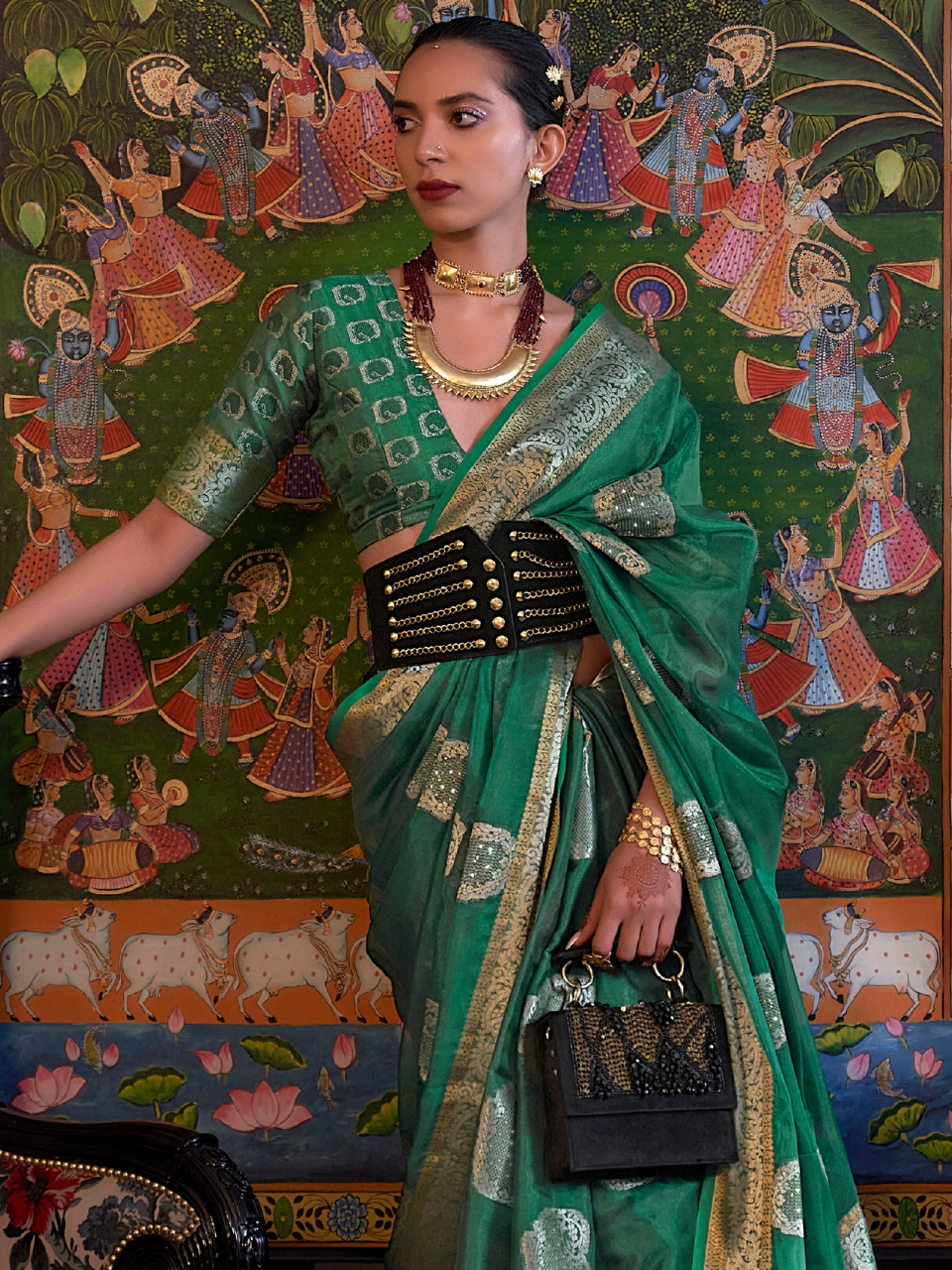 green organza silk saree