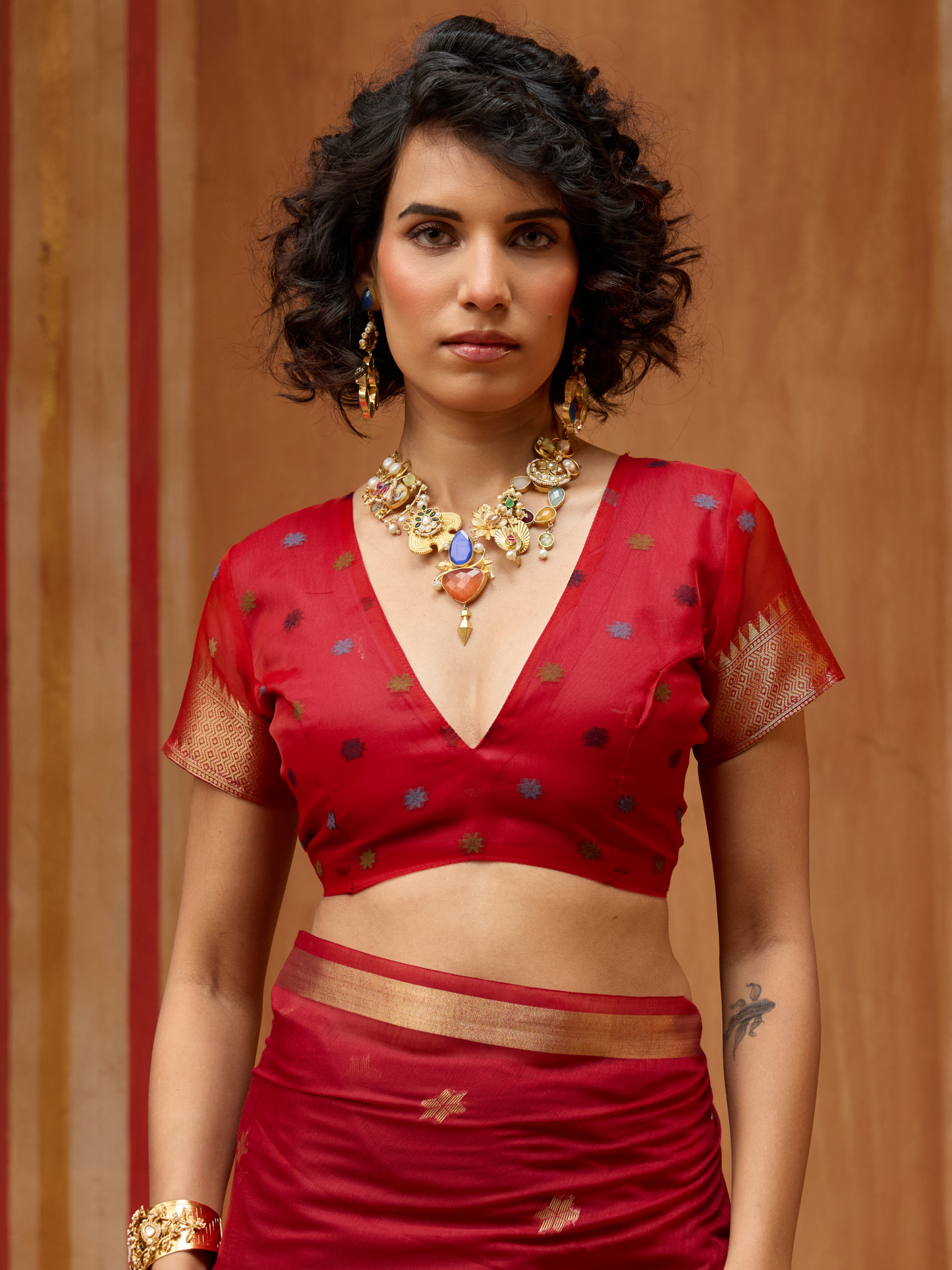 Rose Red Spun Cotton Weaving Saree