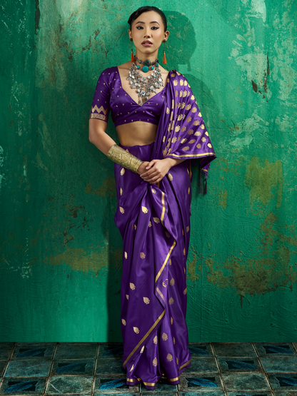 Grape Violet Woven Banarasi Satin Silk Saree