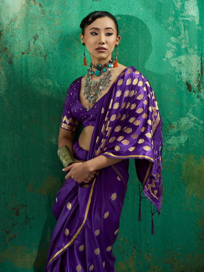 Grape Violet Woven Banarasi Satin Silk Saree