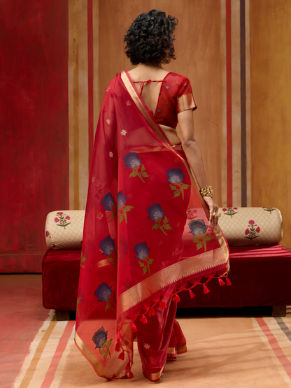 Rose Red Spun Cotton Weaving Saree