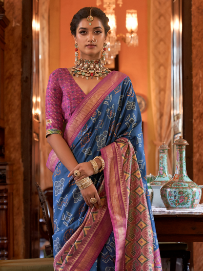 Admiral Blue Woven Patola Tussar Silk Saree
