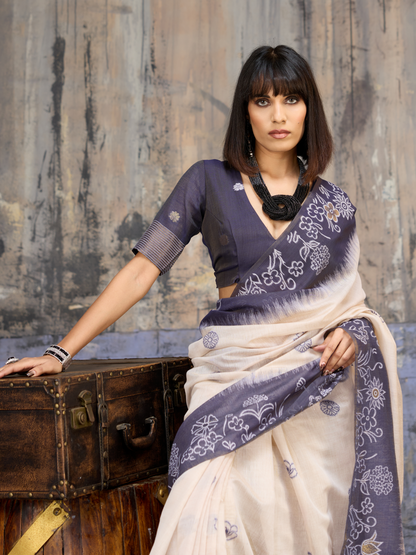 Steel Blue Printed Cotton Silk Saree