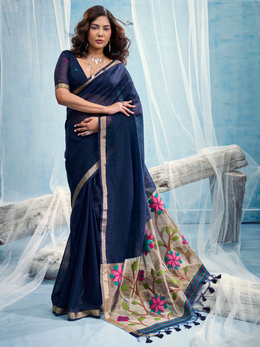 Navy blue cotton silk saree