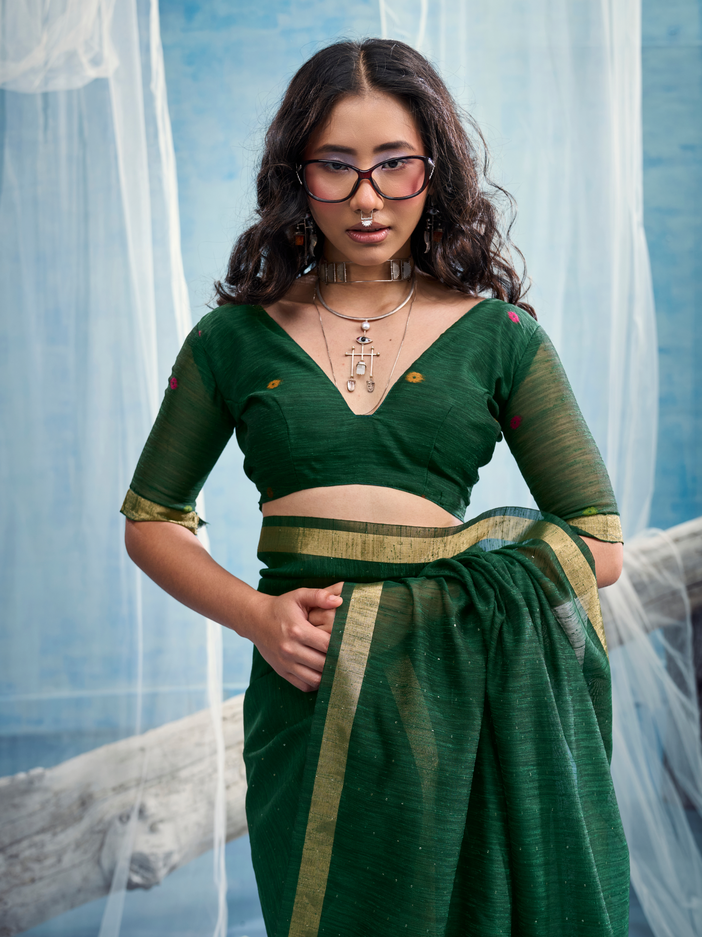 dark green cotton saree blouse combination