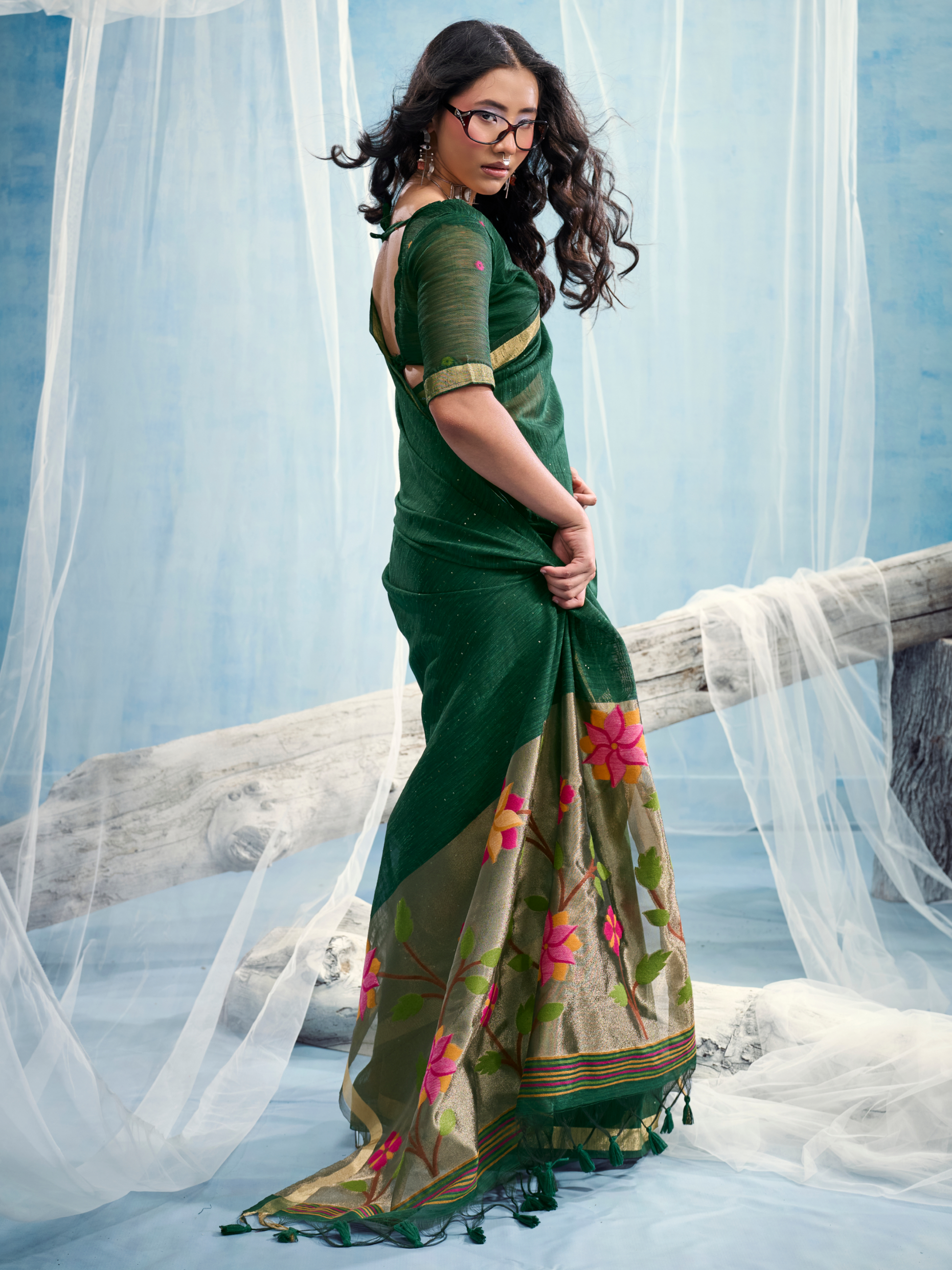 green saree with jari border