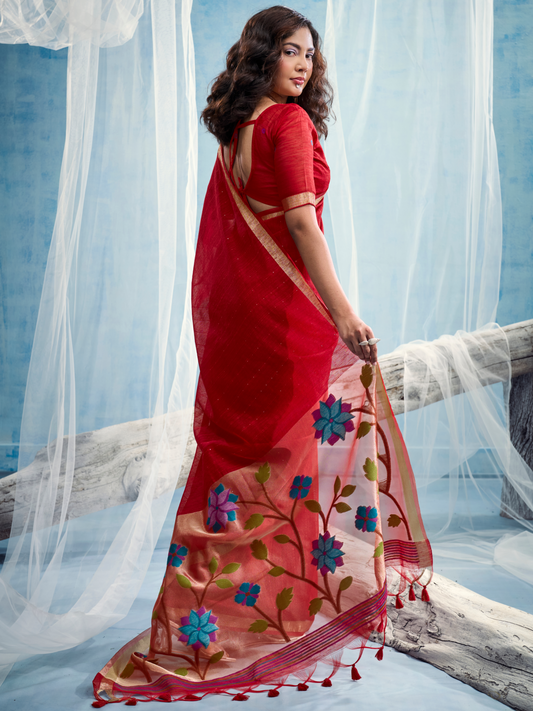 Blood Red Munga Silk Handloom Saree