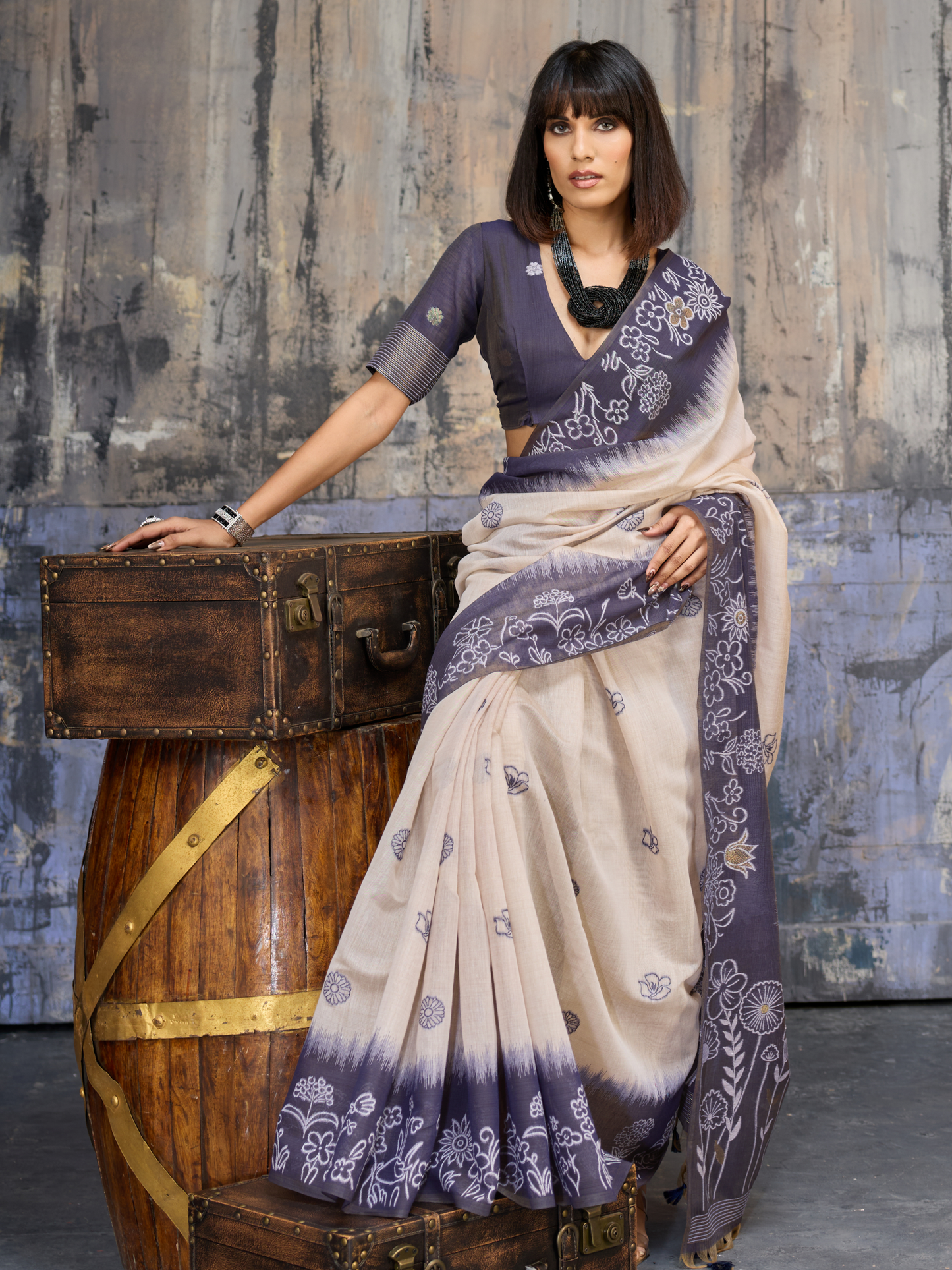 Steel Blue Printed Cotton Silk Saree